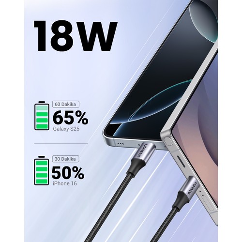 UGREEN USB-C - USB-A 3A QC Örgülü Hızlı Şarj Kablosu, 2 m, Siyah, 60128