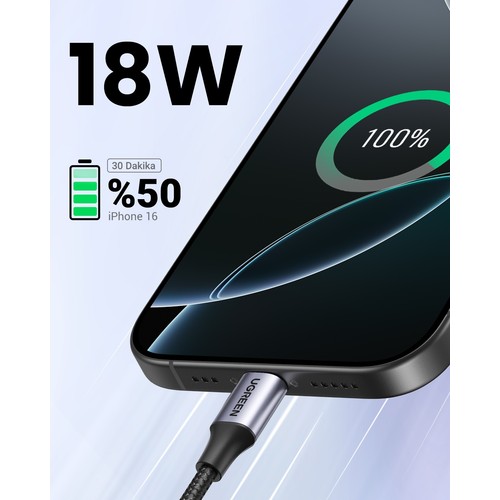 UGREEN USB-C - USB-A 3A QC Örgülü Hızlı Şarj Kablosu, 2 m, Siyah, 60128