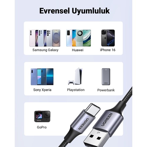 UGREEN USB-C - USB-A 3A QC Örgülü Hızlı Şarj Kablosu, 2 m, Siyah, 60128