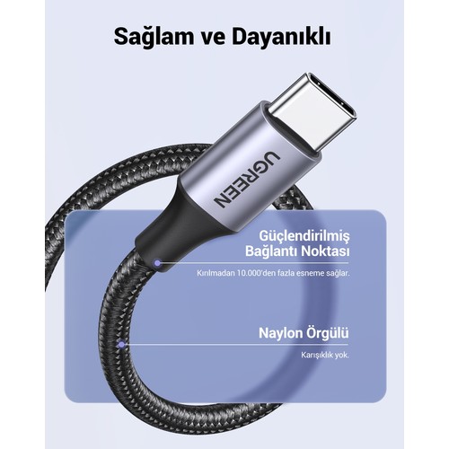 UGREEN USB-C - USB-A 3A QC Örgülü Hızlı Şarj Kablosu, 2 m, Siyah, 60128