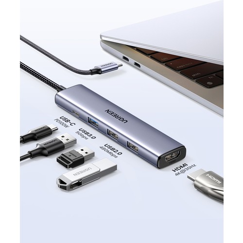 Ugreen Revedok 5'i 1 Arada Type-C Giriş, 3xUSB-A, 1xUSB-C PD 100W, 4K/30Hz HDMI, USB HUB, Dock Station, Docking Station, USB Çoklayıcı, Dönüştürücü, 15495
