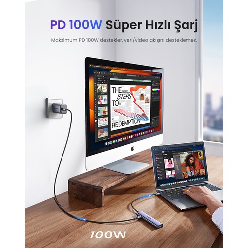 Ugreen Revedok 5'i 1 Arada Type-C Giriş, 3xUSB-A, 1xUSB-C PD 100W, 4K/30Hz HDMI, USB HUB, Dock Station, Docking Station, USB Çoklayıcı, Dönüştürücü, 15495