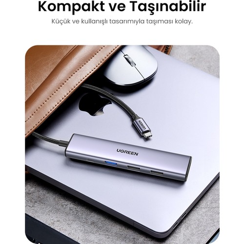 Ugreen Revedok 5'i 1 Arada Type-C Giriş, 3xUSB-A, 1xUSB-C PD 100W, 4K/30Hz HDMI, USB HUB, Dock Station, Docking Station, USB Çoklayıcı, Dönüştürücü, 15495