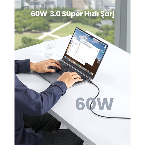 UGREEN USB-C 60W 3A QC PD Hızlı Şarj Kablosu, 1 m, Siyah, 50997
