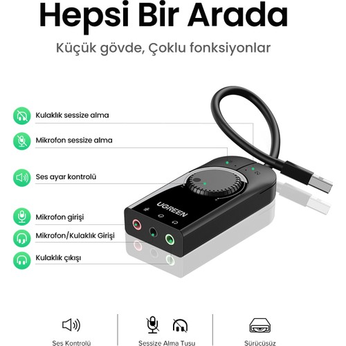 Ugreen USB Harici Stereo Ses Kartı 15cm Siyah Yüksek Ses Kalitesi ve Profesyonel Kullanım İçin