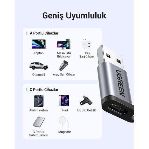 UGREEN USB-A 3.0 Male to USB-C Female 5 Gbps Dönüştürücü Adaptör, 50533
