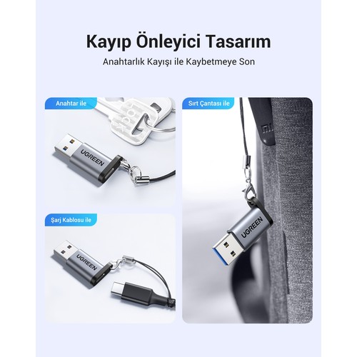 UGREEN USB-A 3.0 Male to USB-C Female 5 Gbps Dönüştürücü Adaptör, 50533