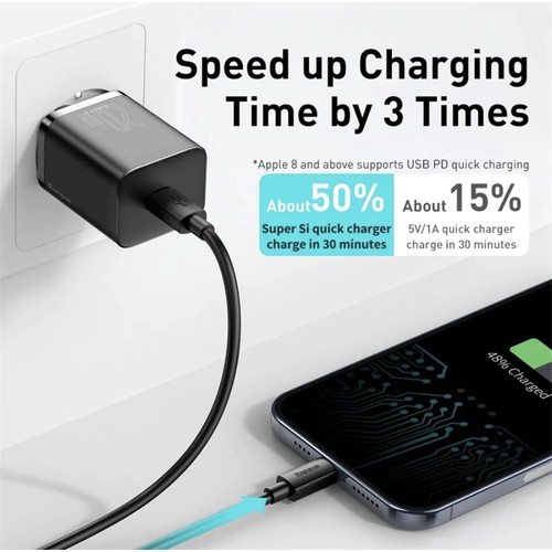 Baseus Super Si 20W Type-C Şarj Adaptörü – Siyah Hızlı Şarj ve Power Delivery Uyumlu