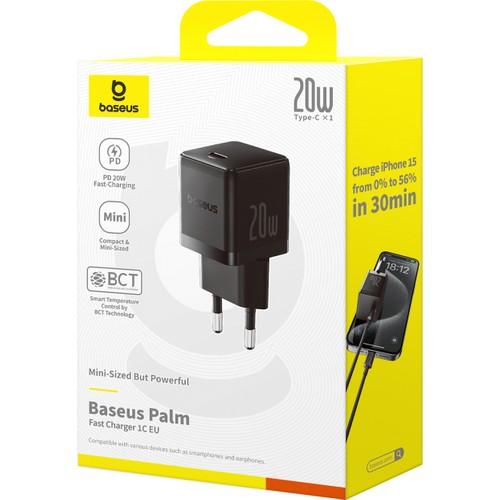 Baseus Palm 20W Hızlı Şarj Adaptörü USB-C Siyah Kompakt Tasarım ile Seyahat İçin Uygun