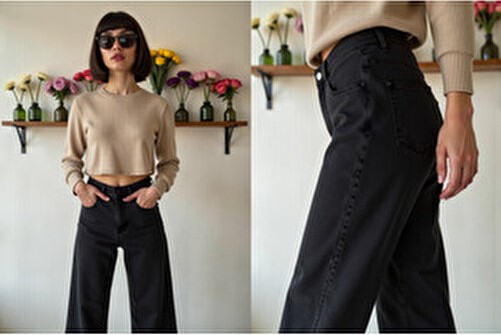 Enzim Jeans Kadın Wide Leg Baggy Fit %100 Pamuk Denim Pantolon Uzun Kesim
