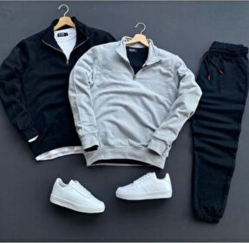 New Cabin Yarım Fermuarlı Dik Yaka Sweatshirt Unisex Kışlık Polarlı Uzun Kollu Siyah Renkli Rahat Fit
