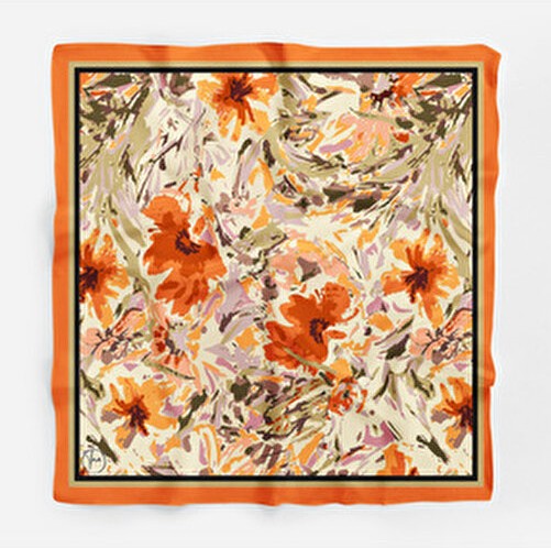 Tua Orange Flower Desen Çok Renkli Bandana/fular Polyester Kumaş Kadın Aksesuarı Şık ve Zarif görsel 2