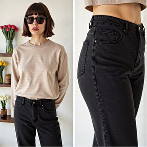 Enzim Jeans Kadın Wide Leg Baggy Fit %100 Pamuk Denim Pantolon Uzun Kesim görsel 6