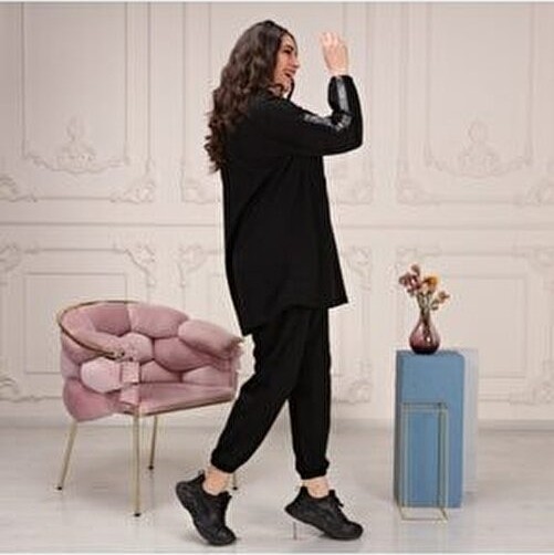 Cng Moda Kadın Büyük Beden Oversize Model Eşofman Takımı Lastikli Paça Pamuklu Kumaş görsel 6