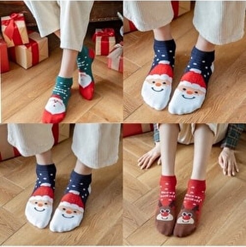 Worthy Socks Yılbaşı Desenli Kadın Patik Çorap 4 Çift Örme Çok Renkli Yıkamalı Bilek Çoraplar görsel 7