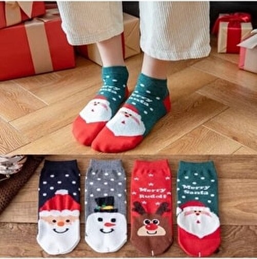 Worthy Socks Yılbaşı Desenli Kadın Patik Çorap 4 Çift Örme Çok Renkli Yıkamalı Bilek Çoraplar görsel 2