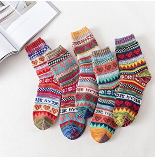 Çorap Kurdu 5'li Kışlık Kalın Unisex Soket Çorap Set Renkli Desenli Pamuk İpliği ile Sıcak Tutar görsel 2
