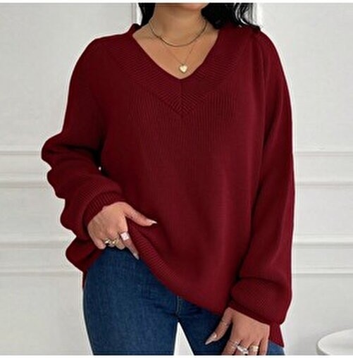 Efendix Büyük Beden Kadın Triko Kazak Efendix V Yaka Kırmızı Renk Düz Desen Casual Stil görsel 7