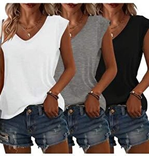 Mercoledi Kadın Oversize V Yaka Kolsuz T-Shirt Set Kumaş Malzemeden 3 Renk Günlük Stil XL