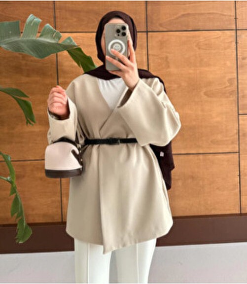 Molly Nelly Kadın Kemerli Kimono Astarlı Şık Ceket