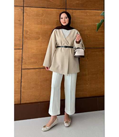 Molly Nelly Kadın Kemerli Kimono Astarlı Şık Ceket görsel 2