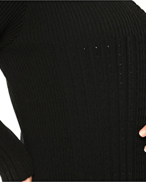 Laden Triko Büyük Beden Kadın Uzun Yumuşak Esnek Siyah Hırka V Yaka Düz Desenli görsel 2