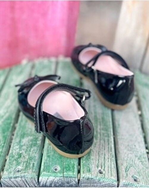 Surpie Shoes Ince Fiyonk Detaylı Kız Çocuk Babet, Siyah Suni Deri, Ortopedik Tabanlı, Düz Topuklu görsel 4