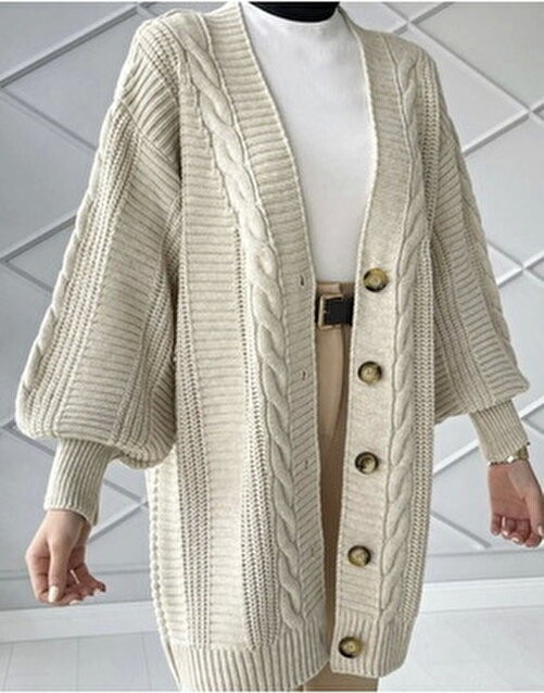 Tesettürce Moda Lugmo Kadın Triko Hırka Akrilik Iplik 80 cm Saç Örgülü Taş