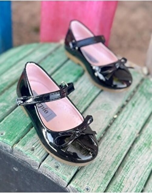 Surpie Shoes Ince Fiyonk Detaylı Kız Çocuk Babet, Siyah Suni Deri, Ortopedik Tabanlı, Düz Topuklu görsel 2