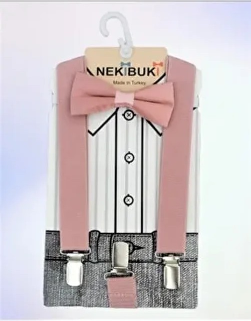 Bejamonti Nekibuki Pantolon Askısı ve Papyon Takım Dokuma Kumaşlı Pembe Renk 1-9 Yaş İçin