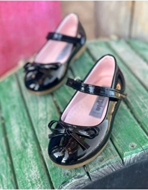 Surpie Shoes Ince Fiyonk Detaylı Kız Çocuk Babet, Siyah Suni Deri, Ortopedik Tabanlı, Düz Topuklu görsel 3