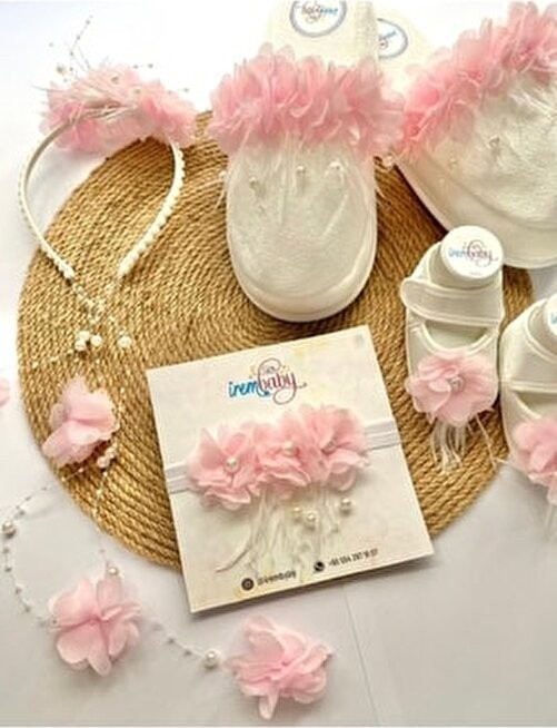 İrembaby Anne Bebek Lohusa Seti Pembe Çiçekli Incili Lohusa Tacı Terliği Bebek Ayakkabı Saç Bandı Takımı görsel 2