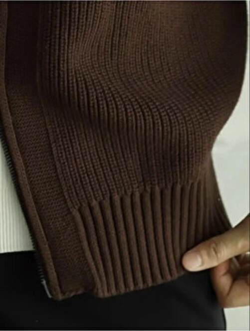 Tarz Cool Erkek Slim Fit Triko Hırka Kahverengi Akrilik Düz Desenli Fermuarlı Özellikli görsel 3