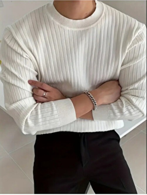 Tarz Cool Erkek Slim Fit Triko Kazak Beyaz Renk Bisiklet Yaka Uzun Kol Casual Stil görsel 6