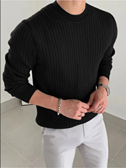 Tarz Cool Erkek Slim Fit Triko Kazak Beyaz Renk Bisiklet Yaka Uzun Kol Casual Stil