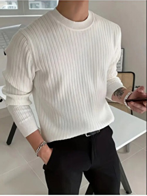 Tarz Cool Erkek Slim Fit Triko Kazak Beyaz Renk Bisiklet Yaka Uzun Kol Casual Stil görsel 4