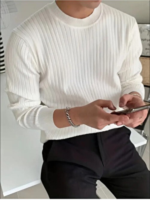 Tarz Cool Erkek Slim Fit Triko Kazak Beyaz Renk Bisiklet Yaka Uzun Kol Casual Stil görsel 5