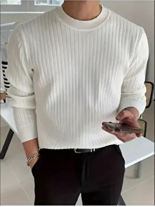 Tarz Cool Erkek Slim Fit Triko Kazak Beyaz Renk Bisiklet Yaka Uzun Kol Casual Stil görsel 2
