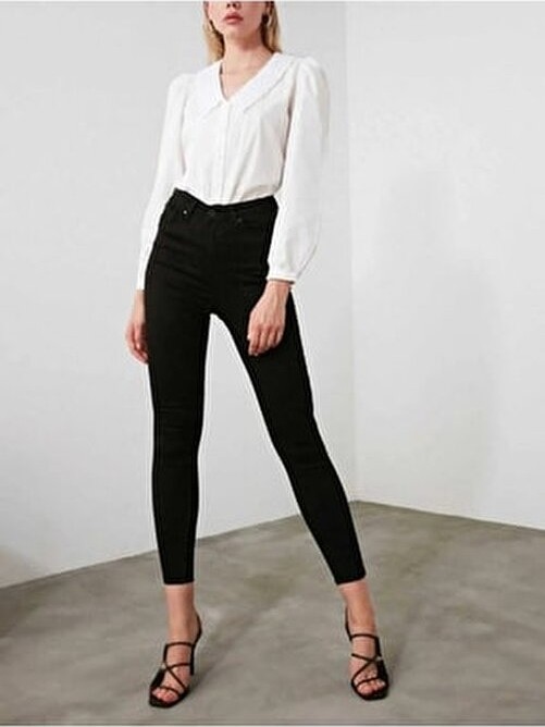 Blue Woops Ngbutika Kadın Yüksek Bel Full Likralı Skinny Jean Pantolon Toparlayıcı Siyah Dokuma görsel 3