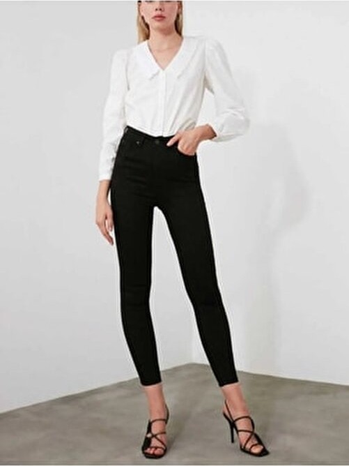 Blue Woops Ngbutika Kadın Yüksek Bel Full Likralı Skinny Jean Pantolon Toparlayıcı Siyah Dokuma görsel 4