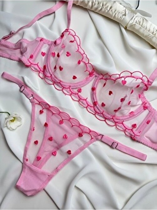 Rozenin Lingerie Minik Kalp Desenli Kadın Iç Çamaşır Takımı Balen Özellikli Cırt Cırtlı