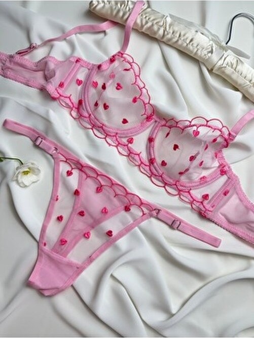 Rozenin Lingerie Minik Kalp Desenli Kadın Iç Çamaşır Takımı Balen Özellikli Cırt Cırtlı görsel 2