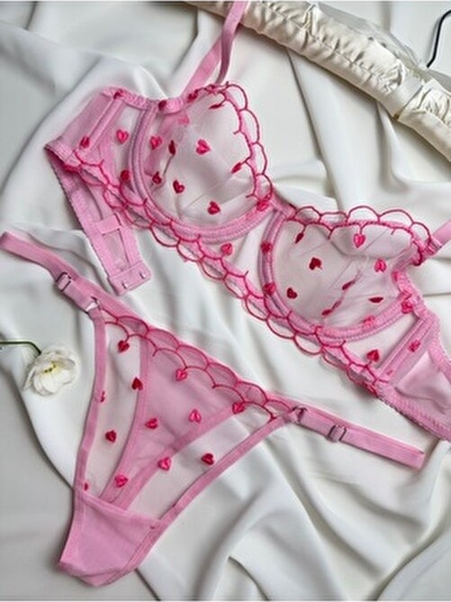 Rozenin Lingerie Minik Kalp Desenli Kadın Iç Çamaşır Takımı Balen Özellikli Cırt Cırtlı görsel 3