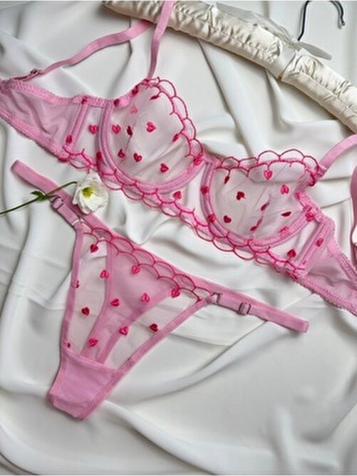 Rozenin Lingerie Minik Kalp Desenli Kadın Iç Çamaşır Takımı Balen Özellikli Cırt Cırtlı görsel 4
