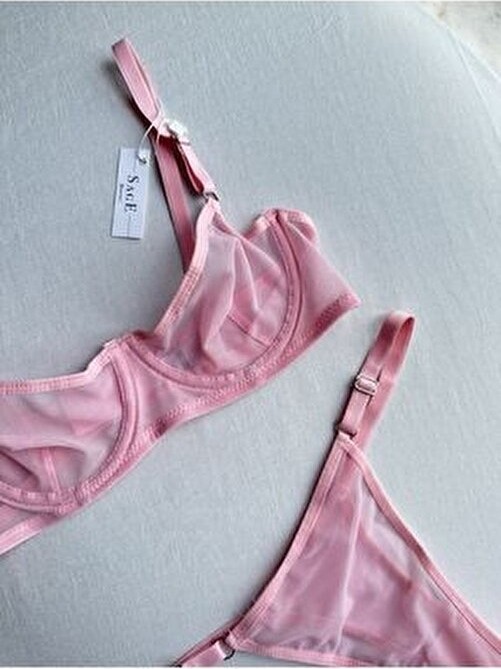 Sage Lingerie Kadın Turuncu Tül Dantel Sütyen Takımı 2 Parça Düz Desen ile Şık Tasarım