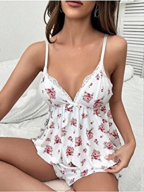 Bella Notte Çiçek Desenli Dantel Detaylı Pijama Takımı 2 Parça Beyaz Renk görsel 5