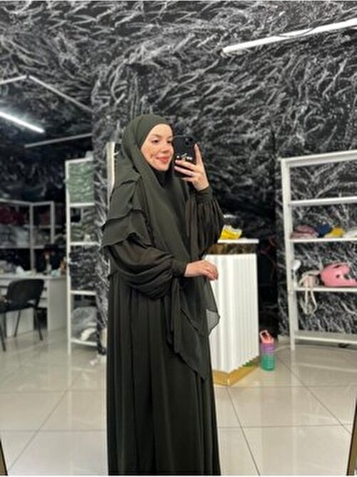 Fashion Journey Koldan Baglamalı Takım Tesettur Morn Abaya Balon Kolekstra Şalş Şifon Suffle Şal Hazır Peçeli Hac görsel 6