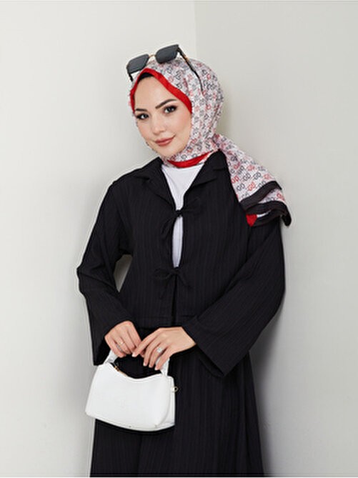 Exit Collection Kadın Tesettür Gofre Kumaş Siyah Crop Bağlamalı Şık Modern Etekli Ikili Kimono Takım