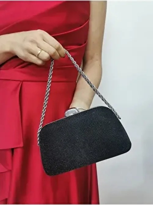 Nazart Kadın Big Taşlı Siyah Abiye Clutch Portföy Zincir Askılı El Düğün Nişan Gece Omuz Çantası