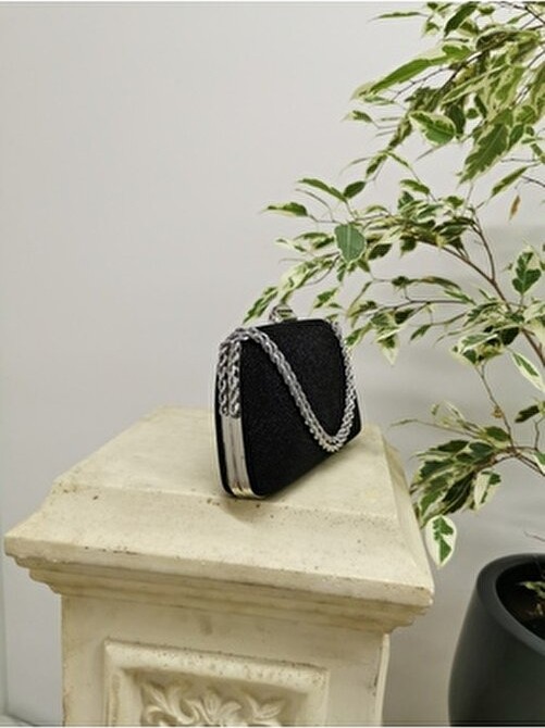 Nazart Kadın Big Taşlı Siyah Abiye Clutch Portföy Zincir Askılı El Düğün Nişan Gece Omuz Çantası görsel 5